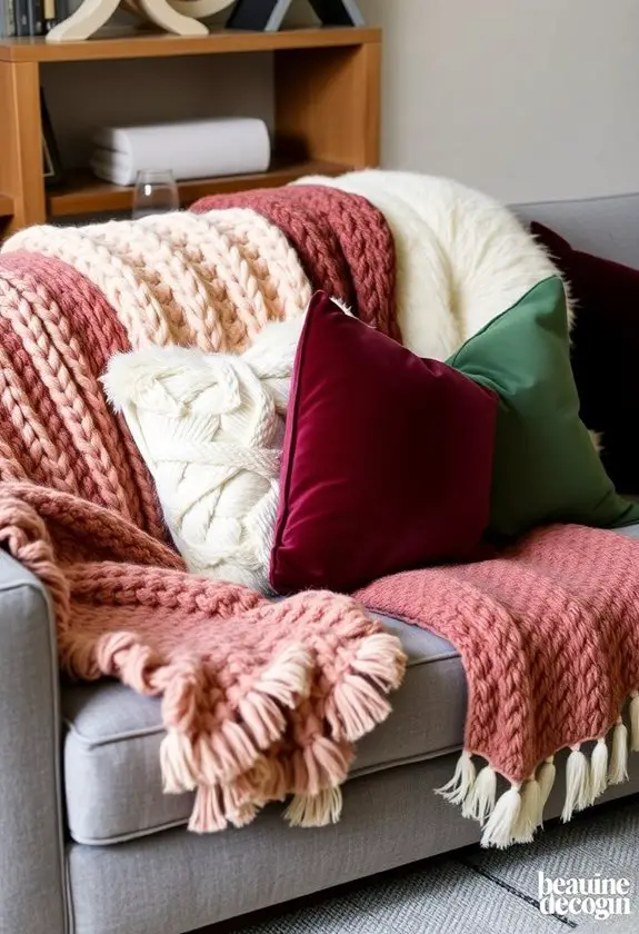 layered plush blankets and textured cushions